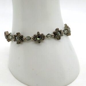 Floral Bracelet Silver Tone Gray Crystal Bead Star Accents Magnetic Closure